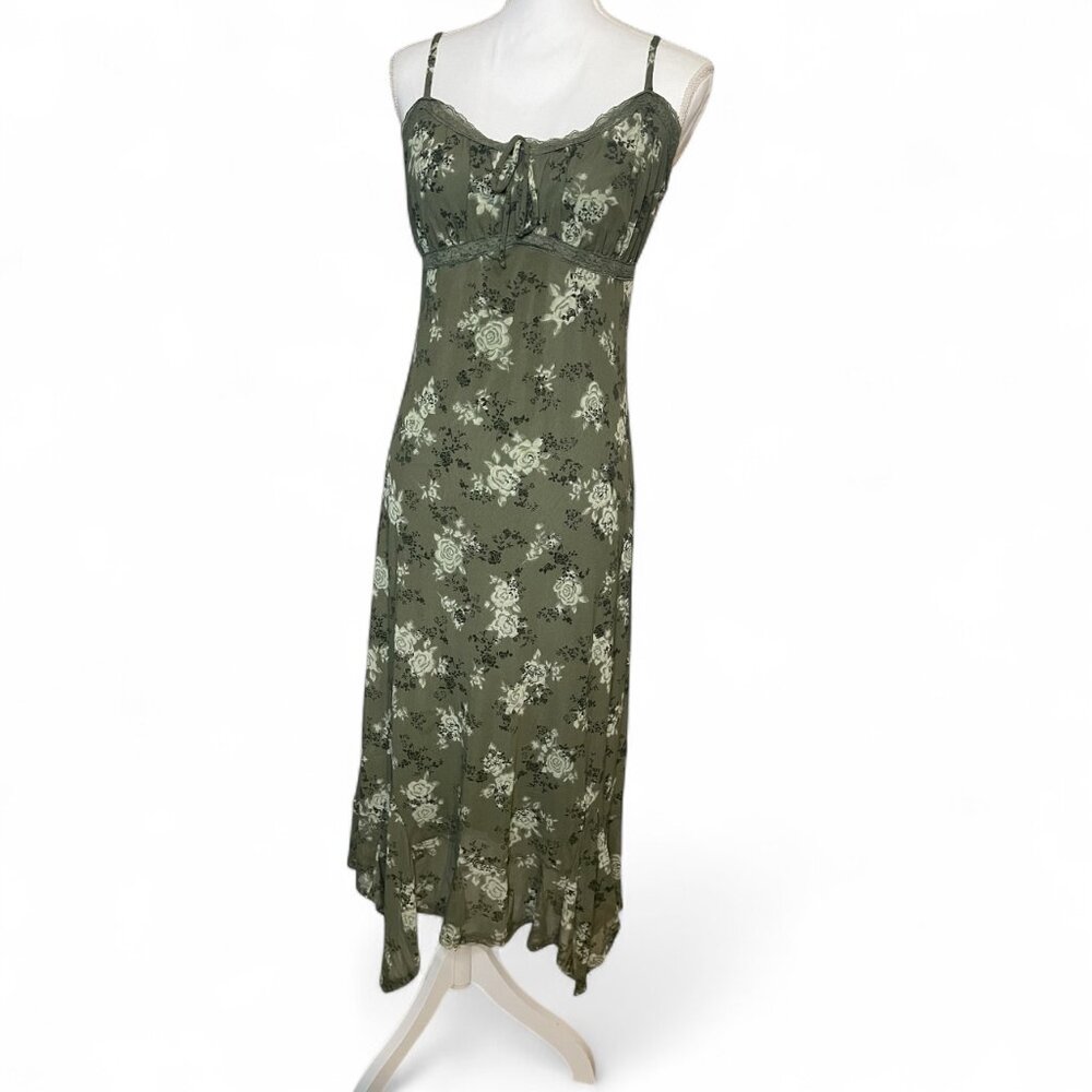 Womens XL Planet Heart Green Floral Dress Lace Bow Y2K Cottagecore Grunge Fairy